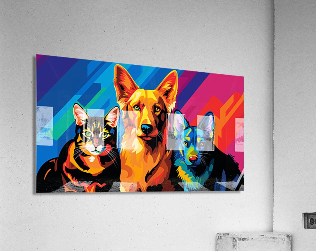 Triumphant Trio: Cubist Canine & Feline Melange - Cosas y Punto