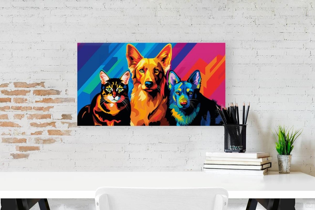 Triumphant Trio: Cubist Canine & Feline Melange - Cosas y Punto