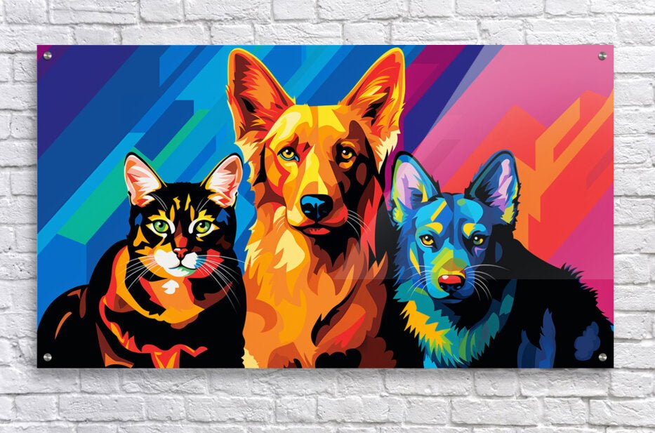 Triumphant Trio: Cubist Canine & Feline Melange - Cosas y Punto