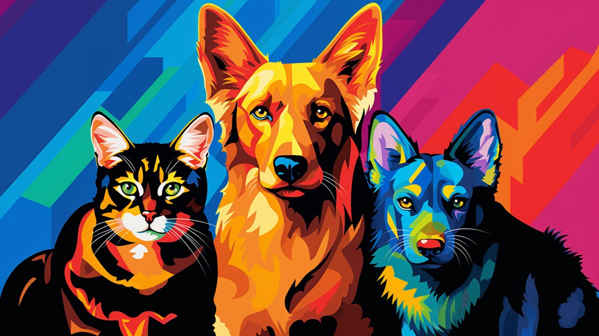 Triumphant Trio: Cubist Canine & Feline Melange - Cosas y Punto