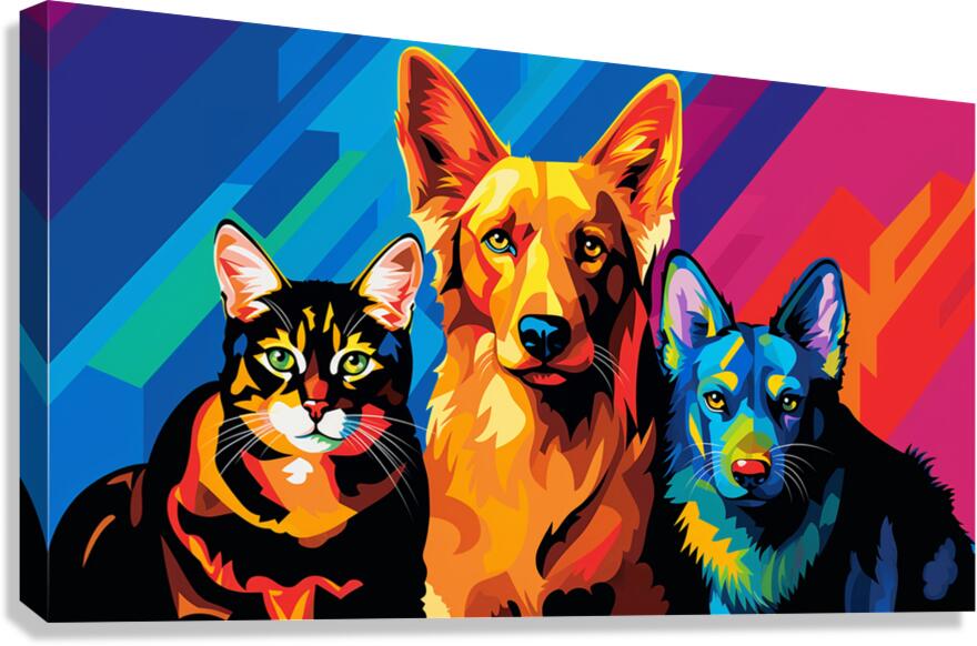 Triumphant Trio: Cubist Canine & Feline Melange - Cosas y Punto