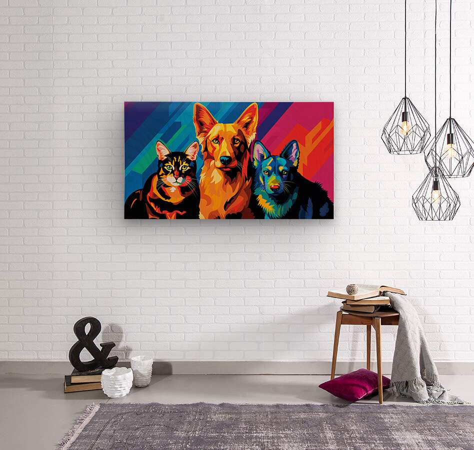 Triumphant Trio: Cubist Canine & Feline Melange - Cosas y Punto