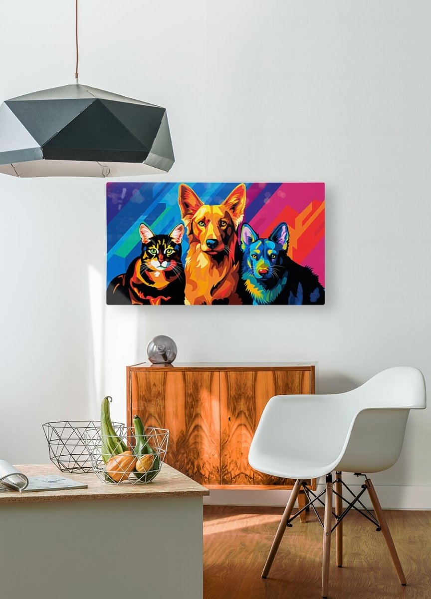 Triumphant Trio: Cubist Canine & Feline Melange - Cosas y Punto