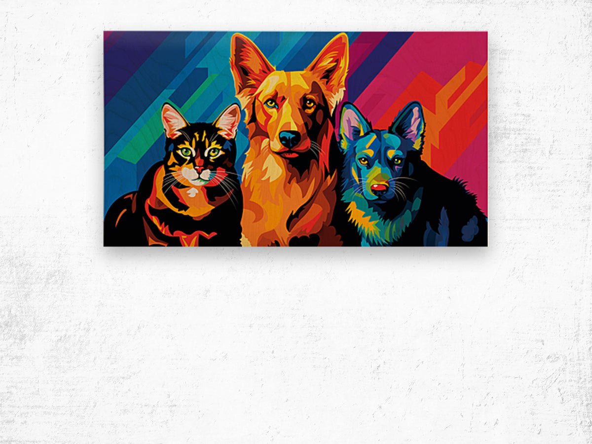 Triumphant Trio: Cubist Canine & Feline Melange - Cosas y Punto