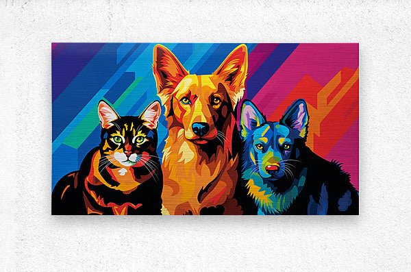 Triumphant Trio: Cubist Canine & Feline Melange - Cosas y Punto