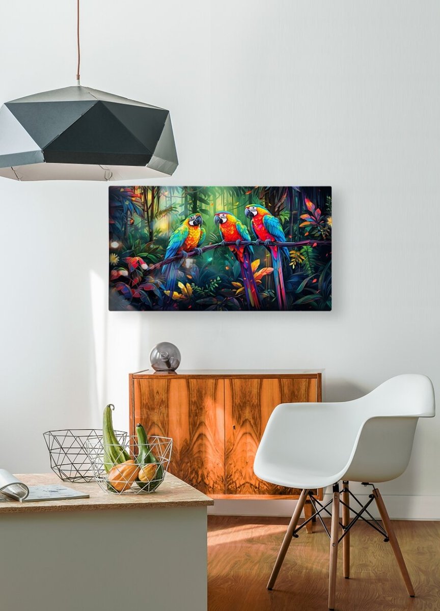 Vibrant Canopy: Tropical Parrot Trio - Cosas y Punto