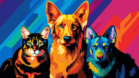 Triumphant Trio: Cubist Canine & Feline Melange - Cosas y Punto