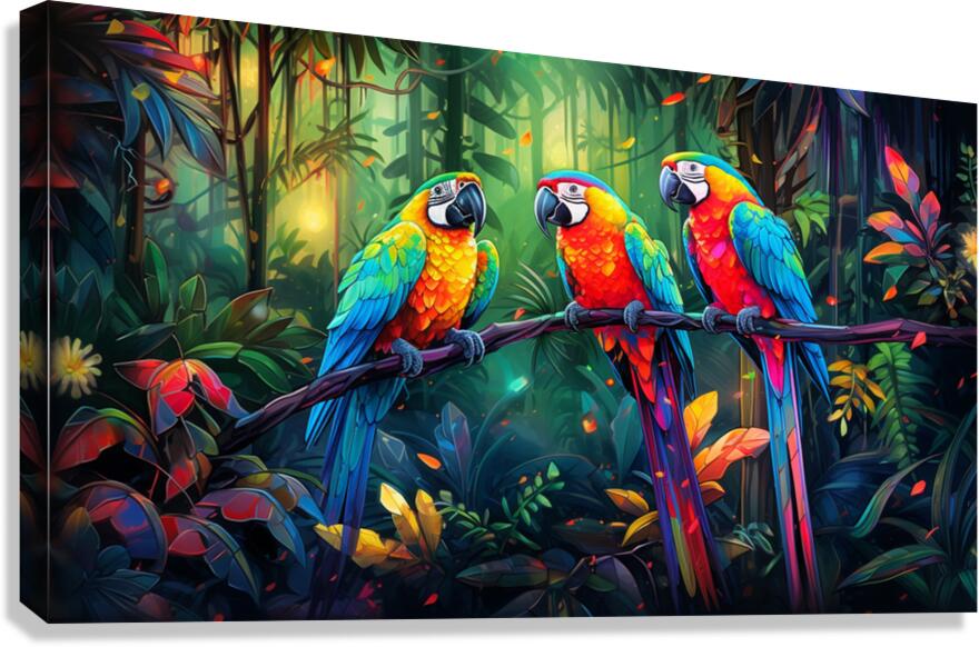 Vibrant Canopy: Tropical Parrot Trio - Cosas y Punto