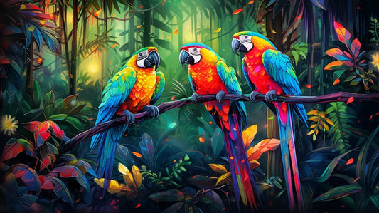 Vibrant Canopy: Tropical Parrot Trio - Cosas y Punto