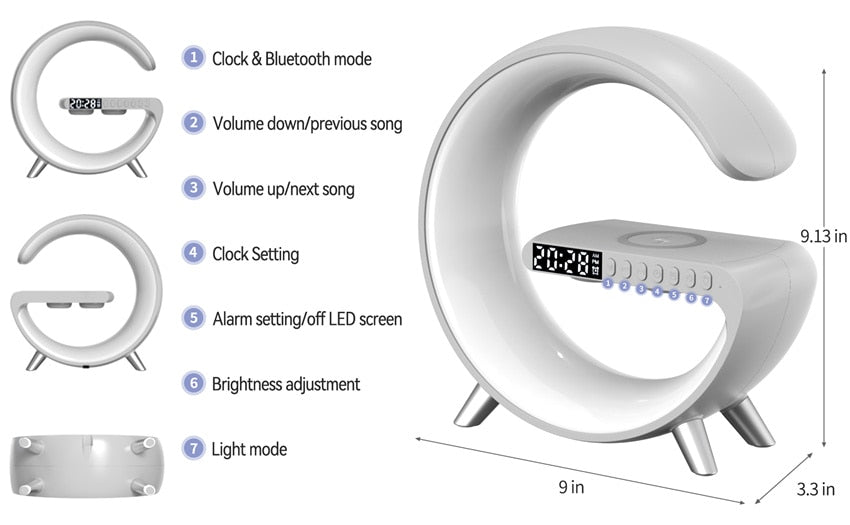 Wireless Charging Color Desk Lamp Alarm Clock with Bluetooth Speaker - Cosas y Punto